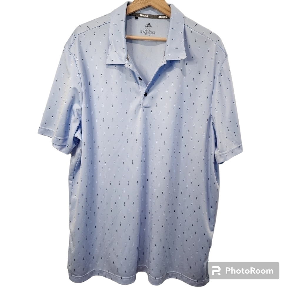 Men's Adidas Golf Short Sleeve Inddye PRT Polo Shirt Light Blue Black Dashes 2XL